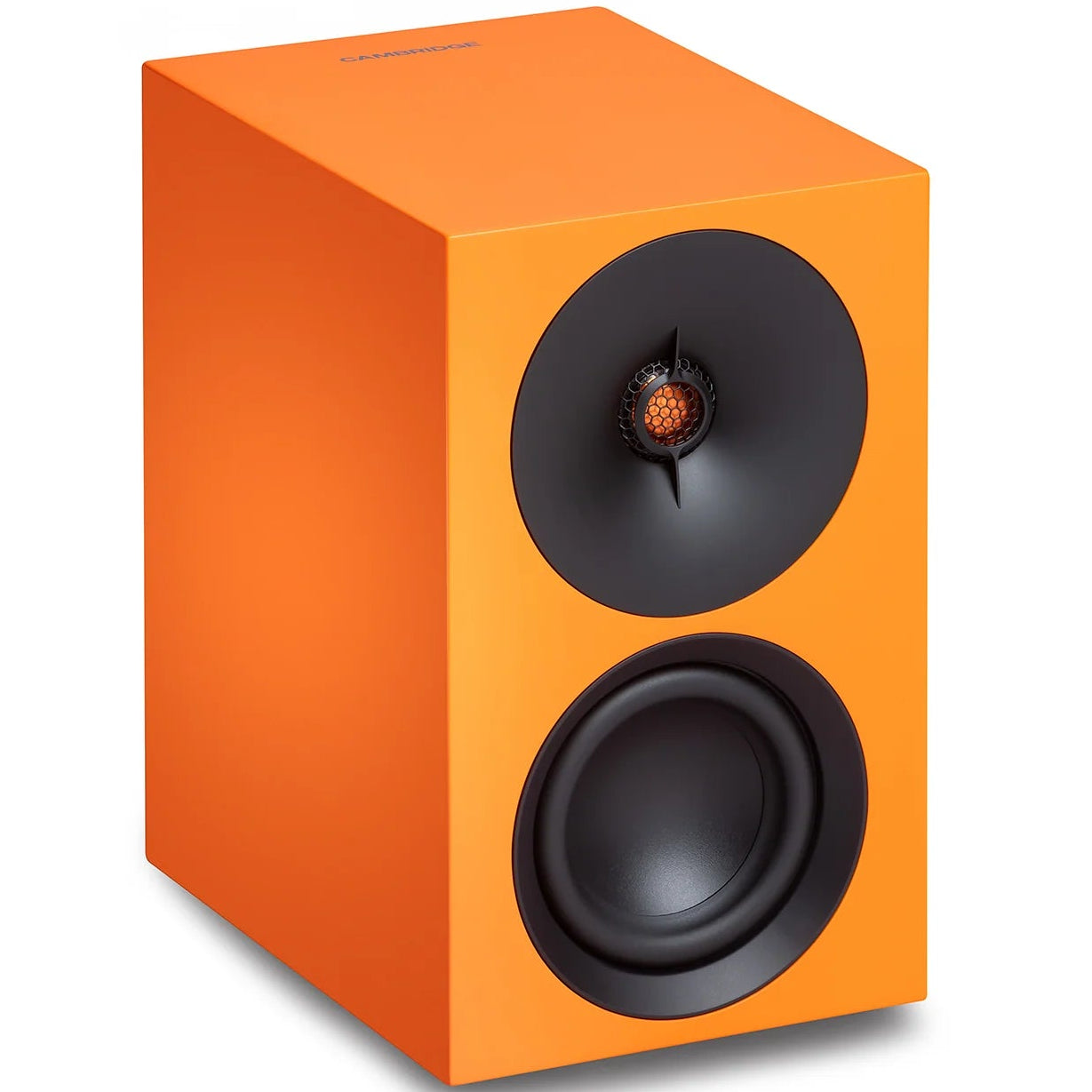 Cambridge Audio L/R S active bookshelf speakers in vibrant orange, showcasing their sleek design and compact size.