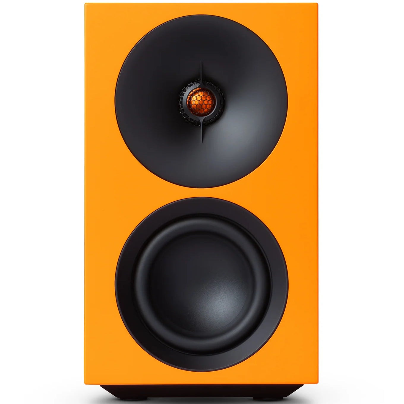 Cambridge Audio L/R S active bookshelf speakers in vibrant orange, showcasing sleek design and speaker drivers.