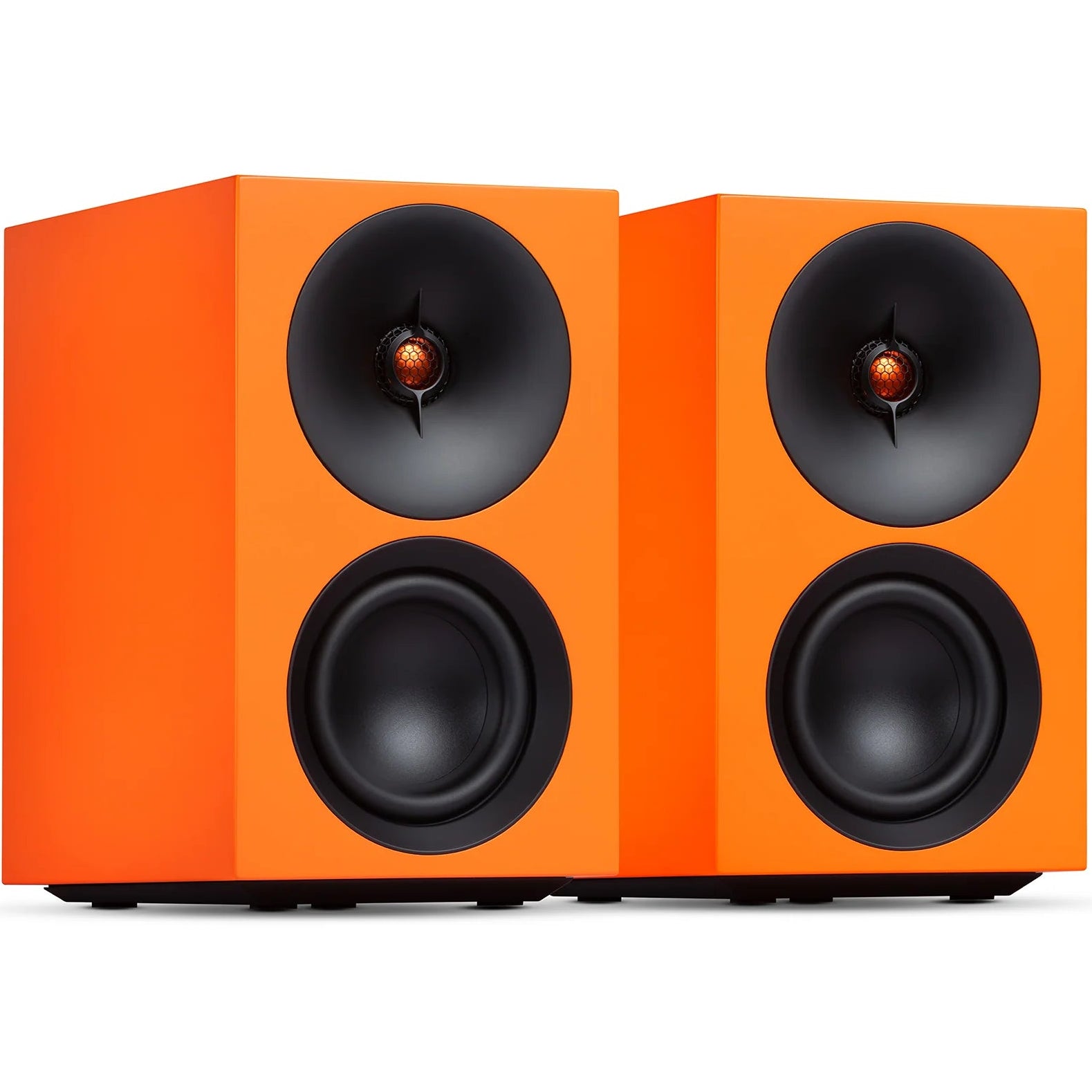 Cambridge Audio L/R S active bookshelf speakers in vibrant orange, showcasing sleek design and compact size for high-quality sound.