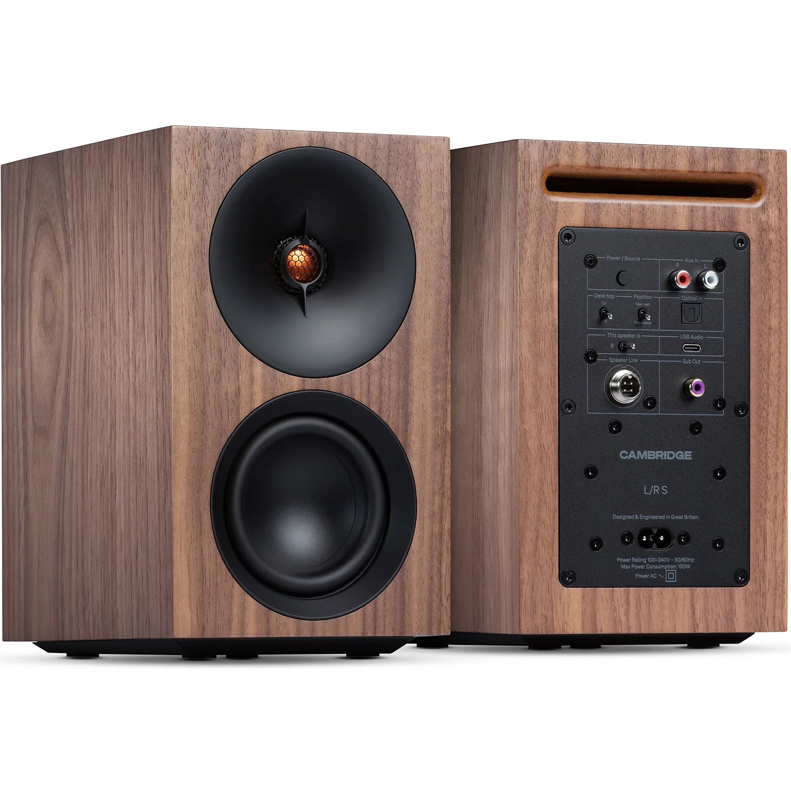 Cambridge Audio L/R S active bookshelf speakers in walnut finish, featuring sleek design and wood grain texture.