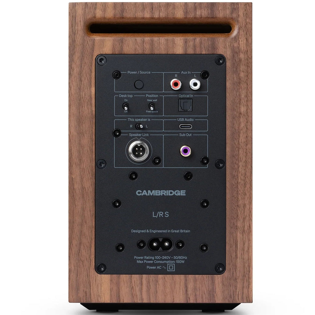 Cambridge Audio L/R S active bookshelf speakers in walnut finish, showcasing sleek design and compact size.