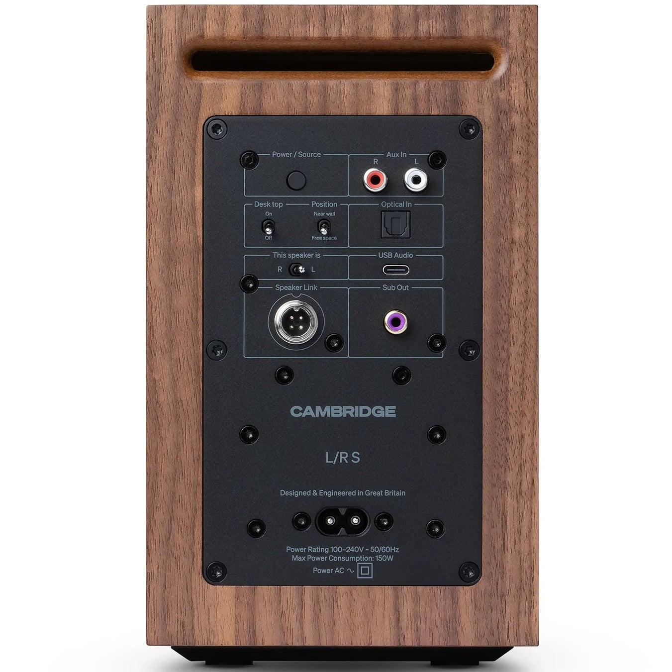 Cambridge Audio L/R S active bookshelf speakers in walnut finish, showcasing sleek design and compact size.