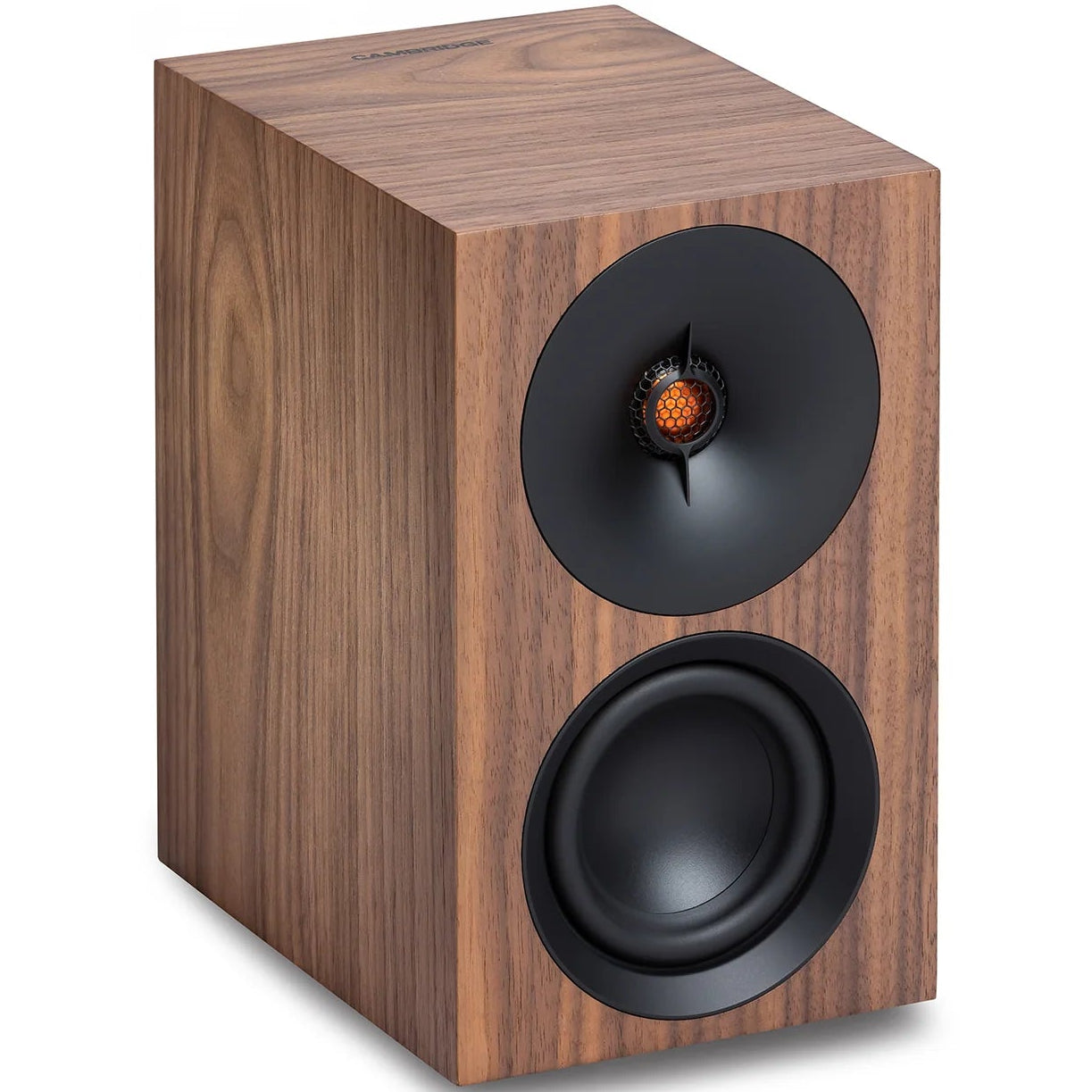 Cambridge Audio L/R S active bookshelf speakers in walnut finish, showing the sleek front view with speaker grilles.