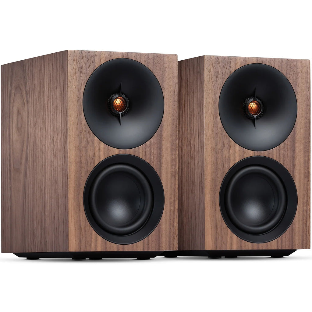 Cambridge Audio L/R S active bookshelf speakers in walnut finish, showcasing their compact design and high-quality wood veneer.