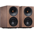 Cambridge Audio L/R S active bookshelf speakers in walnut finish, showcasing their compact design and high-quality wood veneer.