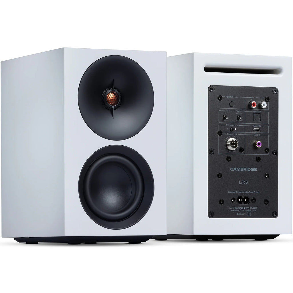 Cambridge Audio L/R S active bookshelf speakers in white, showing front view with speaker grilles and sleek design.