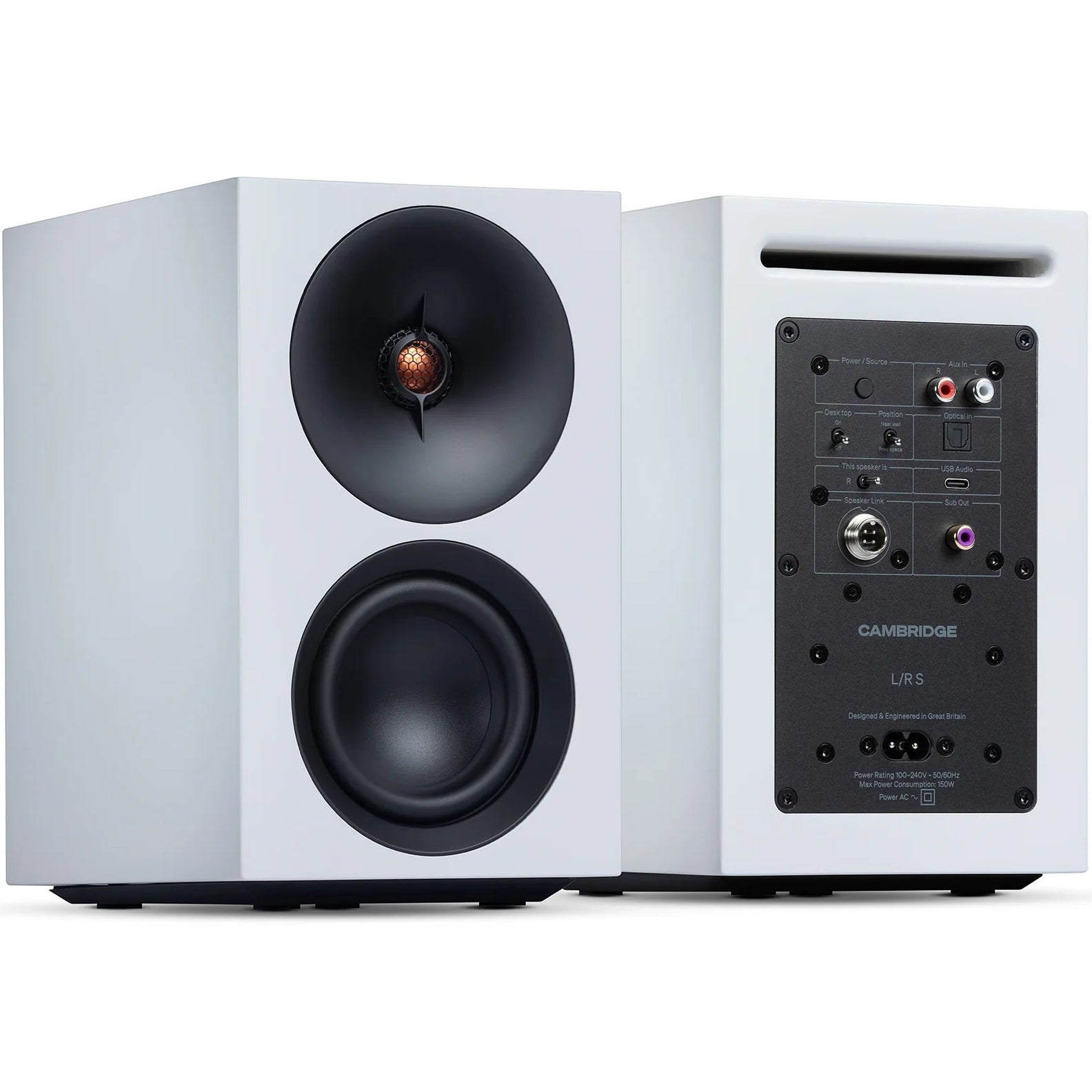 Cambridge Audio L/R S active bookshelf speakers in white, showing front view with speaker grilles and sleek design.