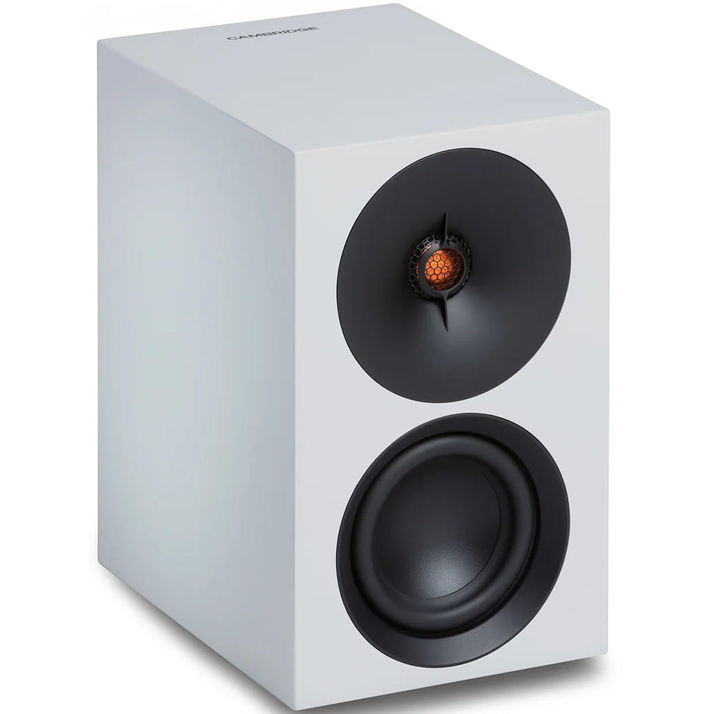 Cambridge Audio L/R S active bookshelf speakers in white, showcasing sleek design and compact size for high-quality audio.