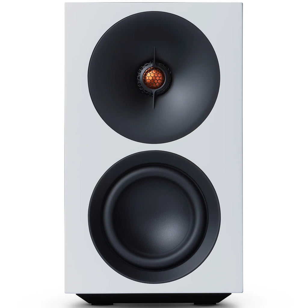 Cambridge Audio L/R S active bookshelf speakers in white with sleek design and front-facing speaker drivers.