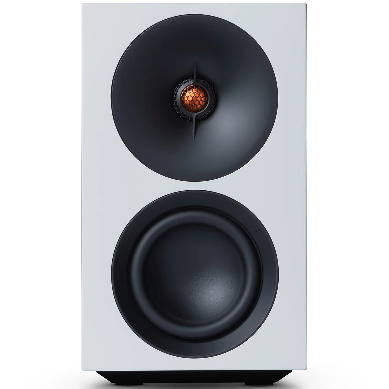 Cambridge Audio L/R S active bookshelf speakers in white with sleek design and front-facing speaker drivers.