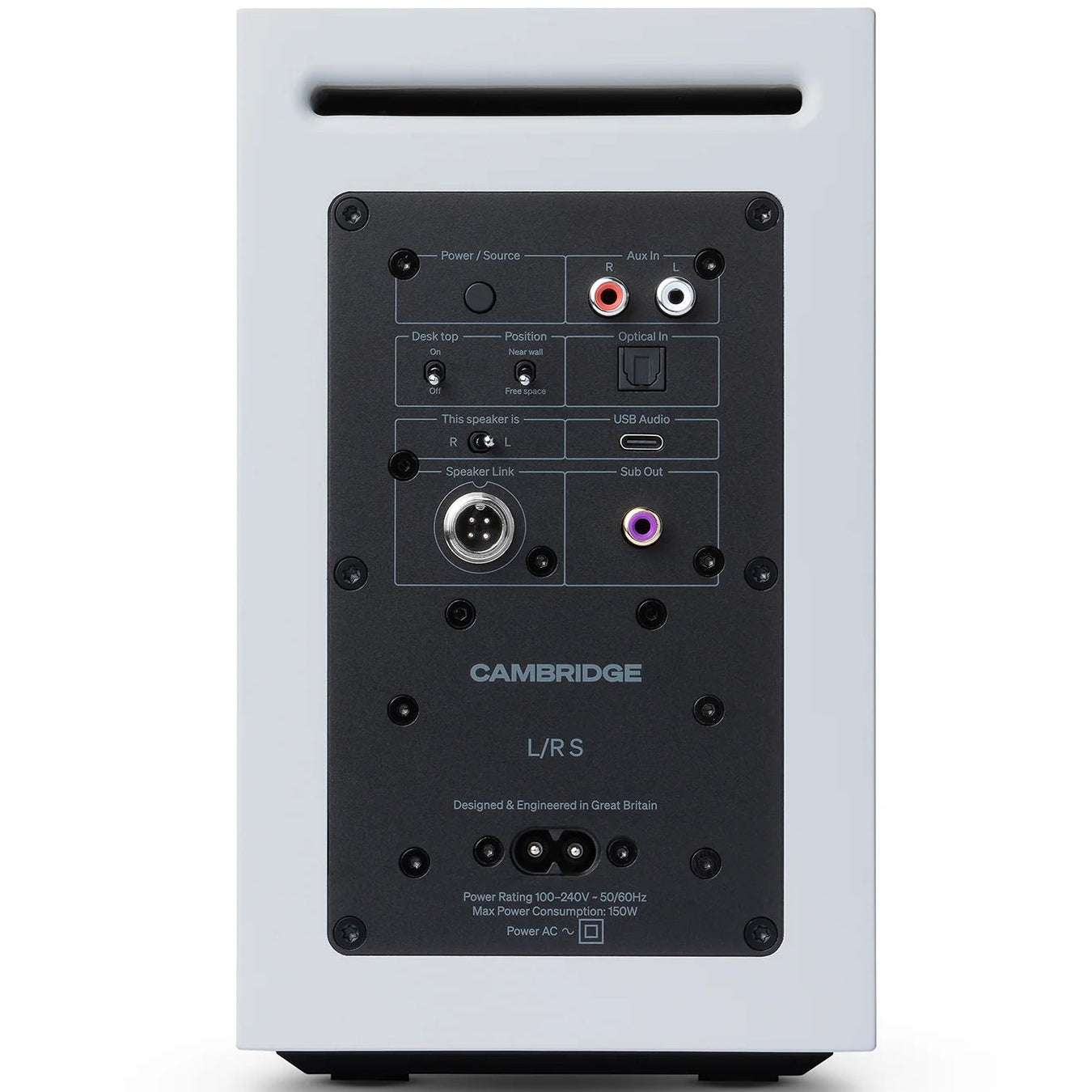 Cambridge Audio L/R S active bookshelf speakers in white with sleek design and dual speaker drivers.