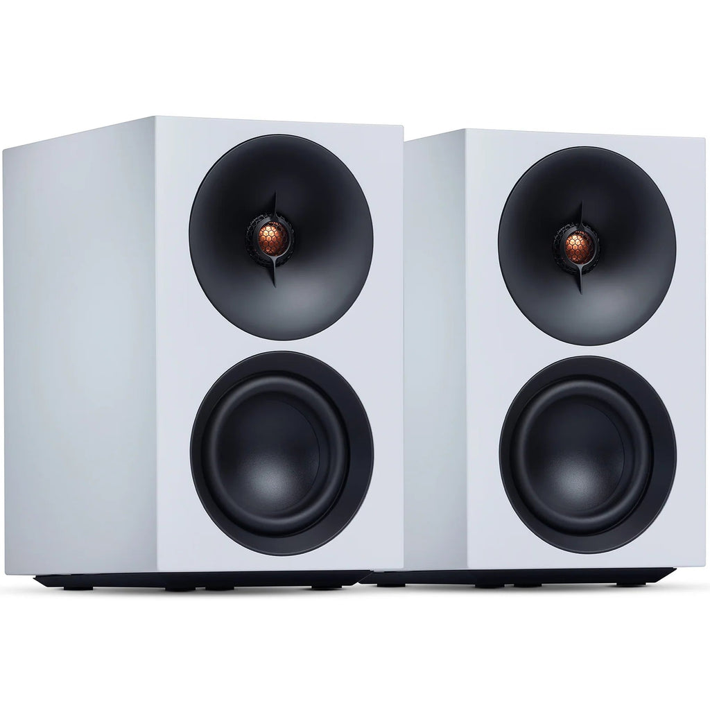 Pair of Cambridge Audio L/R S active bookshelf speakers in white, showcasing sleek modern design and speaker drivers.