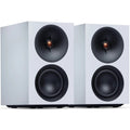 Pair of Cambridge Audio L/R S active bookshelf speakers in white, showcasing sleek modern design and speaker drivers.