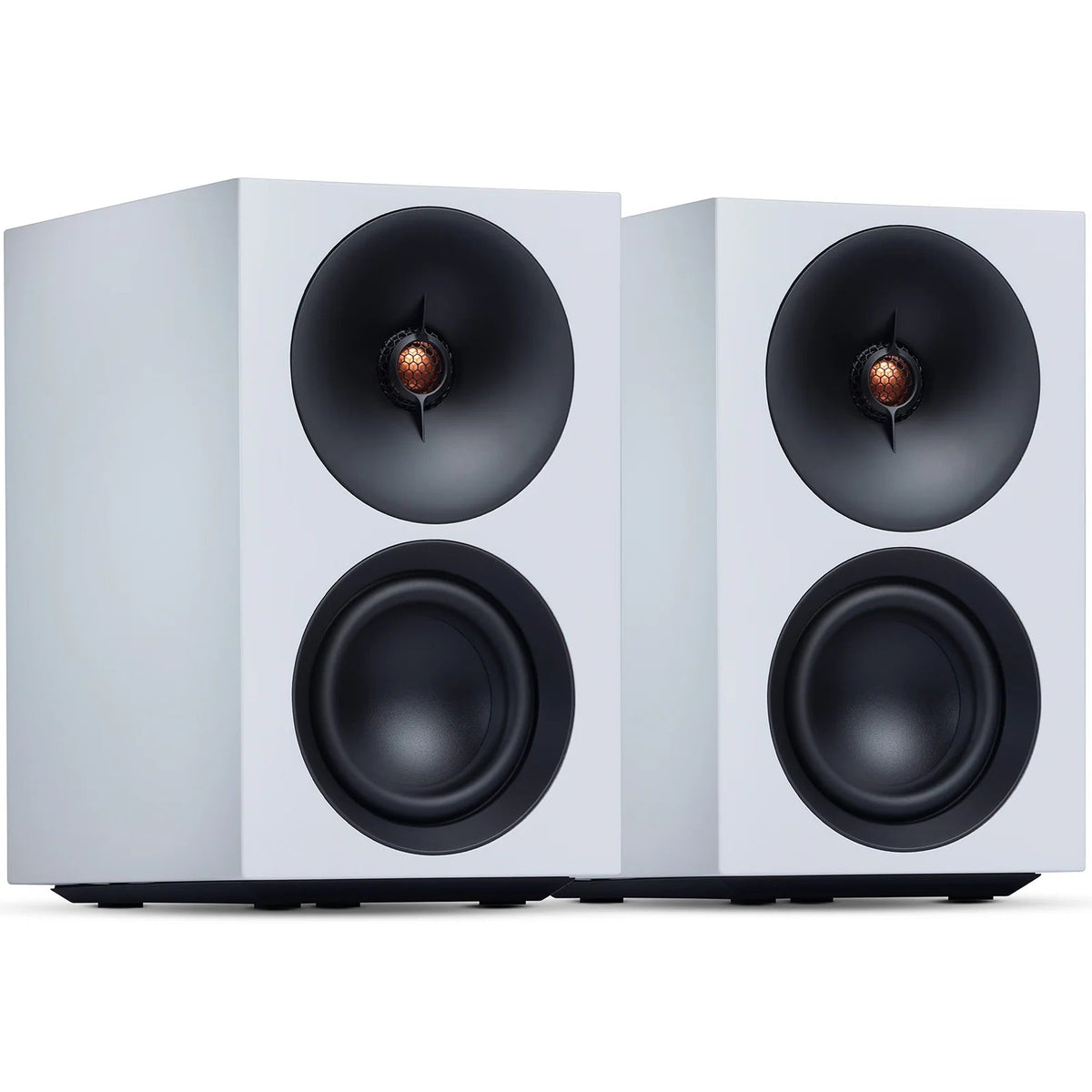 Pair of Cambridge Audio L/R S active bookshelf speakers in white, showcasing sleek modern design and speaker drivers.