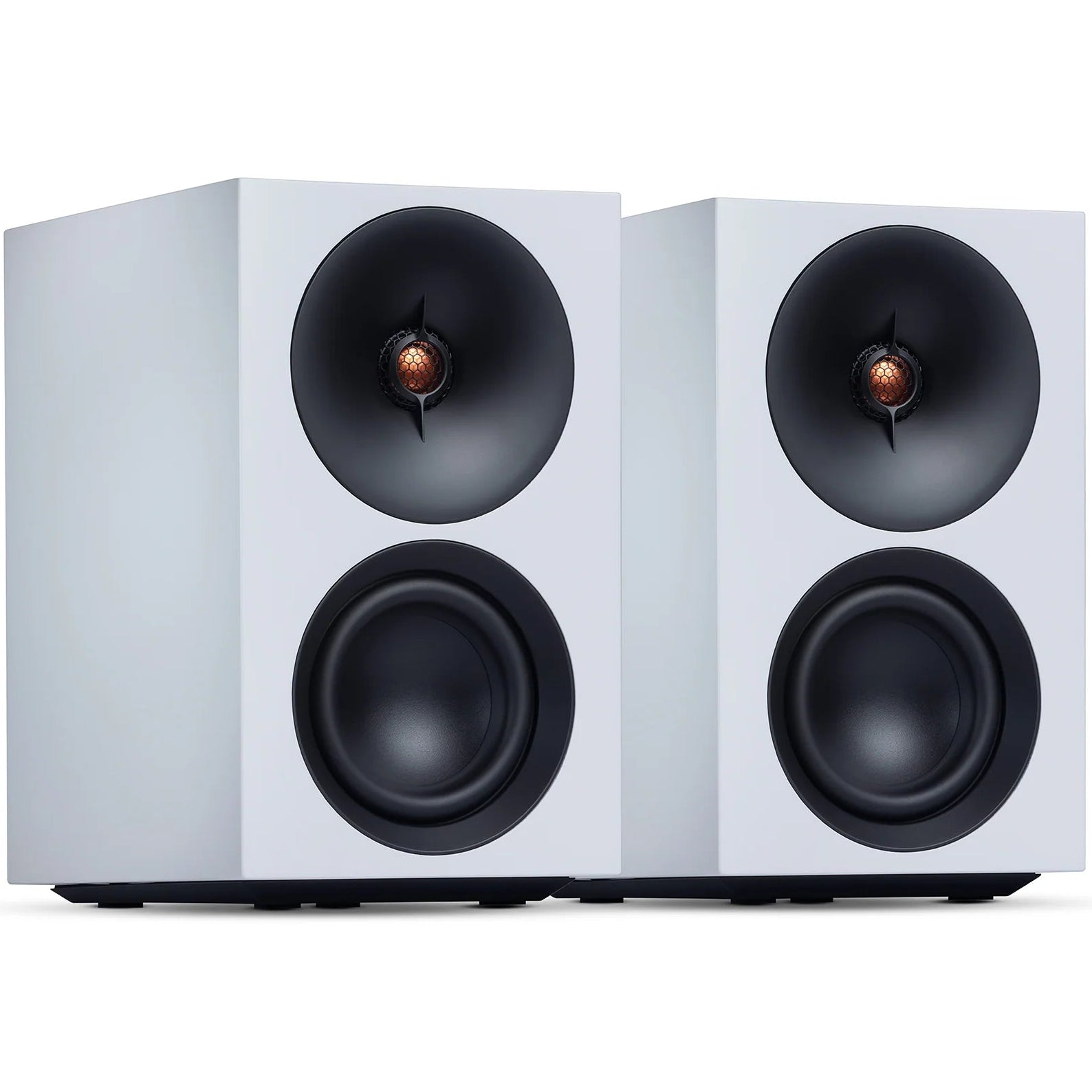 Pair of Cambridge Audio L/R S active bookshelf speakers in white, showcasing sleek modern design and speaker drivers.