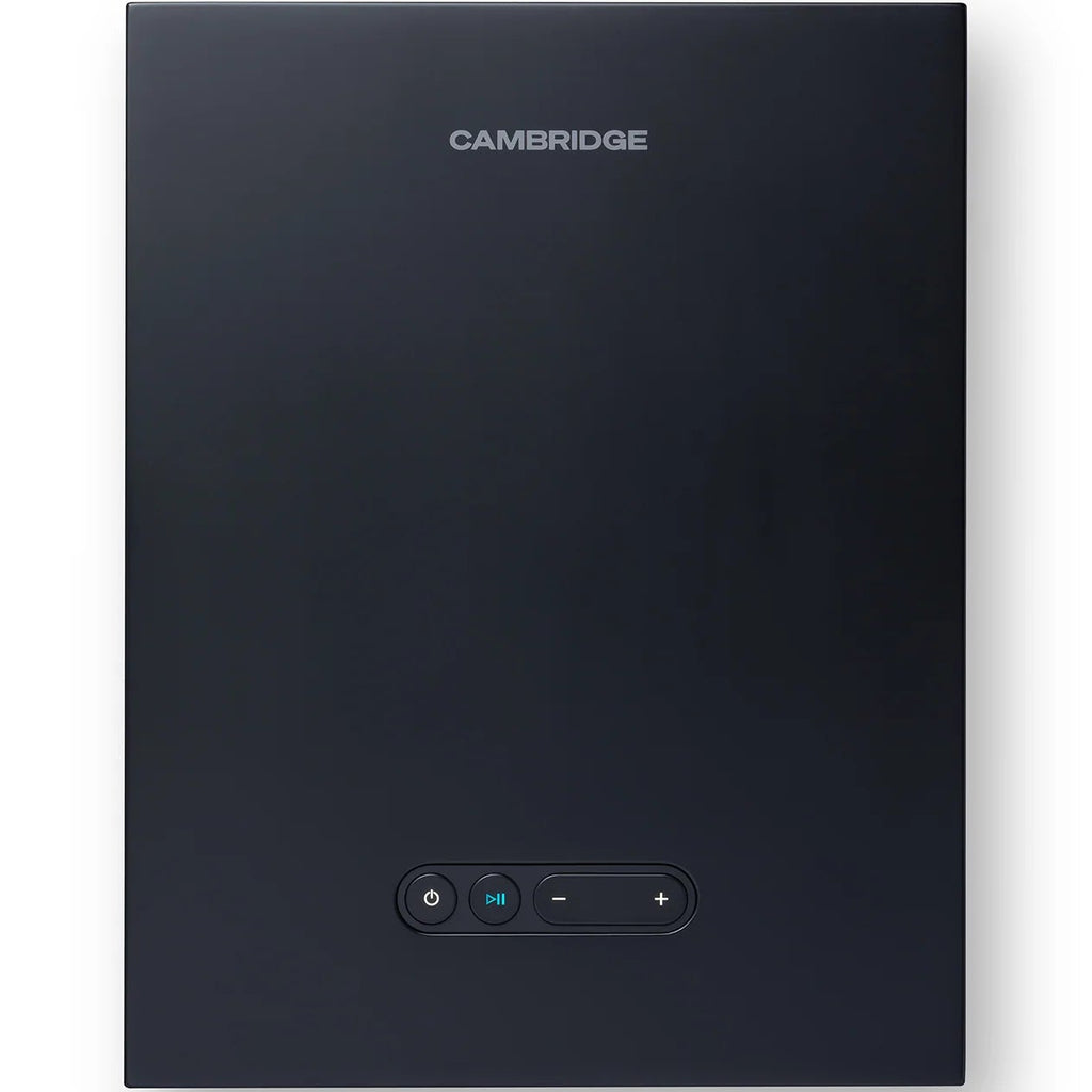 Black Cambridge Audio L/R X active bookshelf speakers with sleek design and front-facing drivers for high-quality sound.