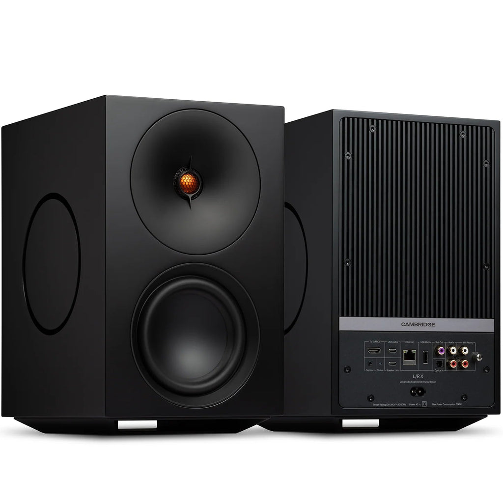 Black Cambridge Audio L/R X active bookshelf speakers showing front view with drivers and sleek design.