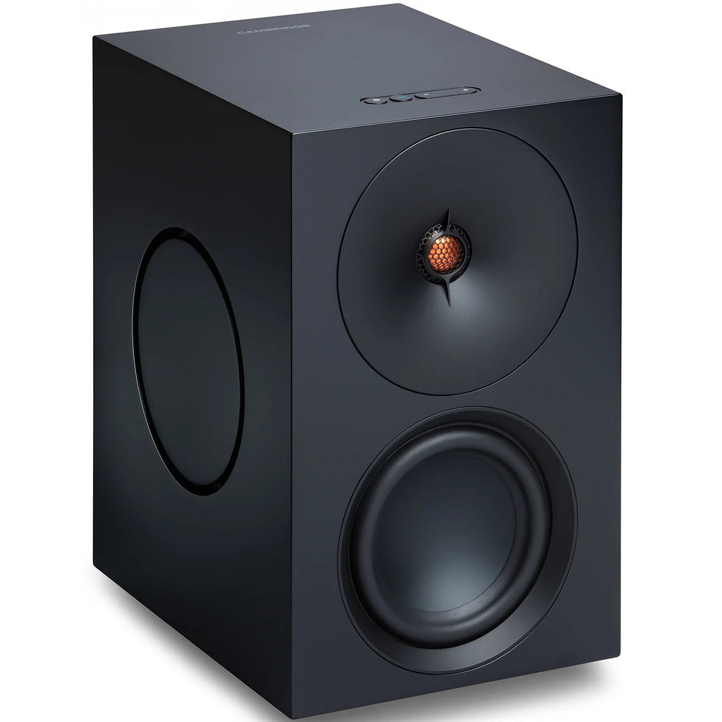 Cambridge Audio L/R X active bookshelf speakers in black, featuring sleek design and dual speaker drivers.