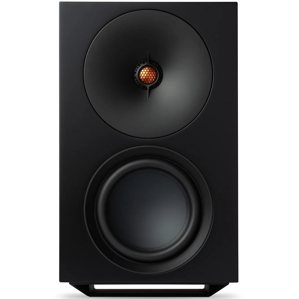 Cambridge Audio L/R X active bookshelf speakers in black with sleek design and front-facing speakers on a plain background.