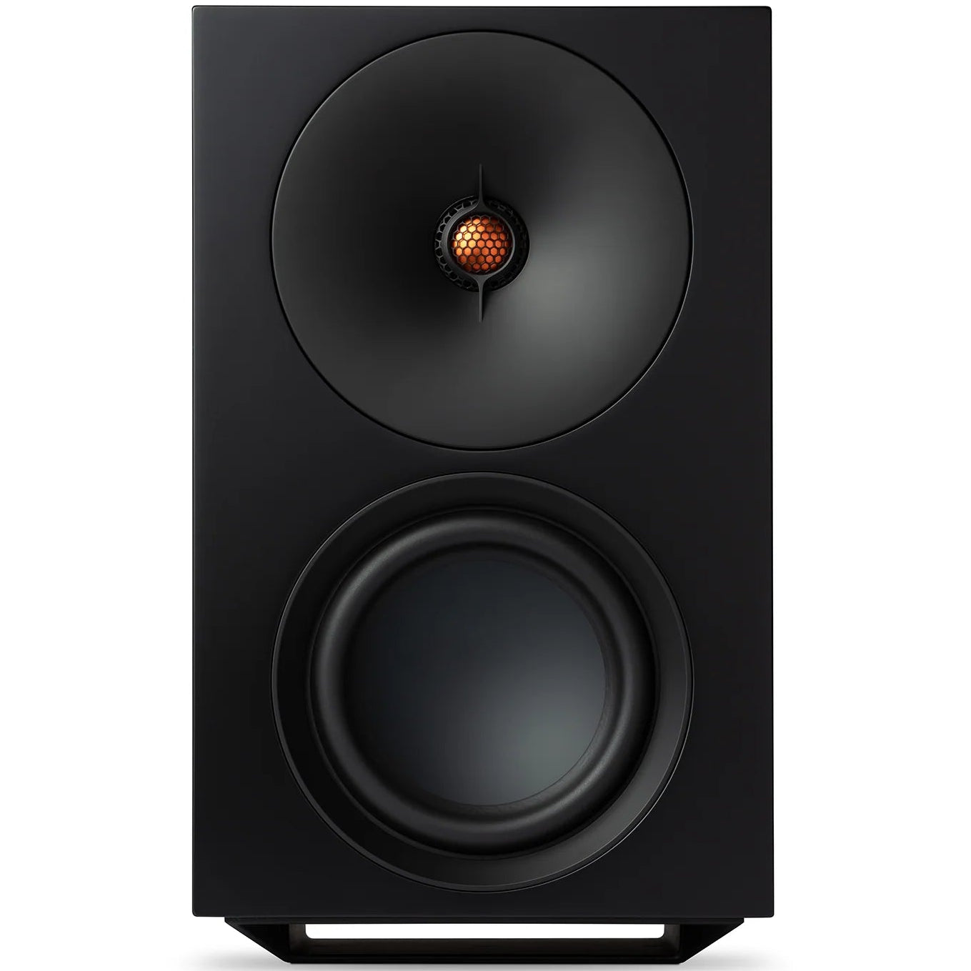 Cambridge Audio L/R X active bookshelf speakers in black with sleek design and front-facing speakers on a plain background.