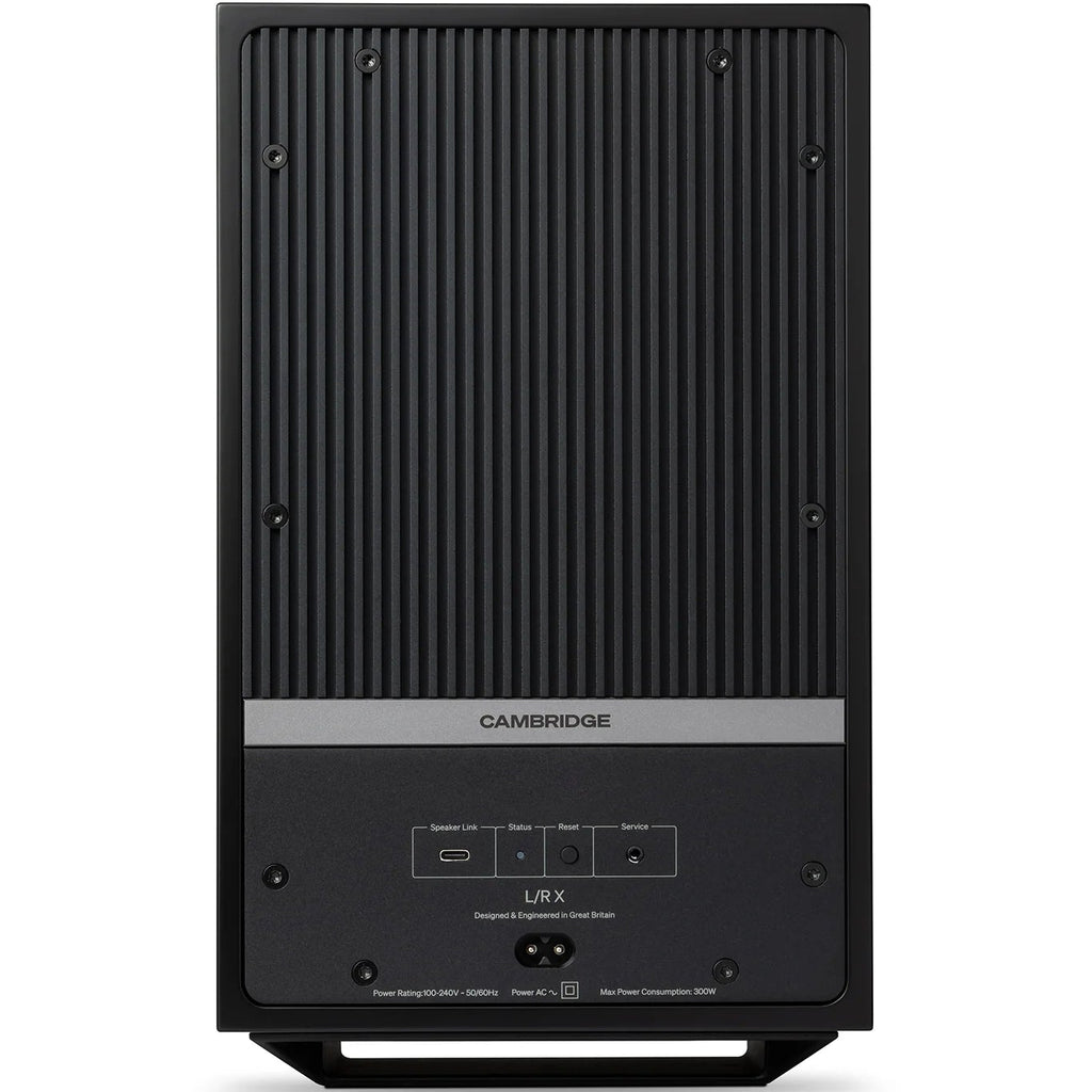 Cambridge Audio L/R X active bookshelf speakers in black with sleek design and front-facing drivers for high-quality sound.
