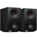 Cambridge Audio L/R X active bookshelf speakers in black, featuring sleek design and twin drivers for high-quality sound.