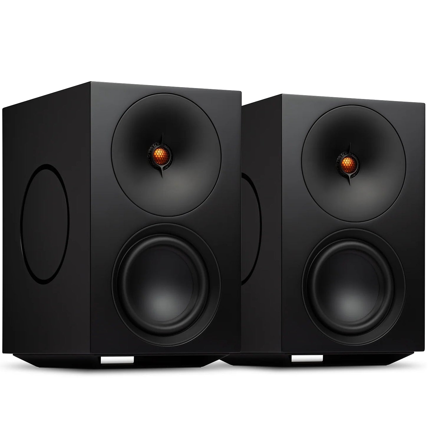 Cambridge Audio L/R X active bookshelf speakers in black, featuring sleek design and twin drivers for high-quality sound.