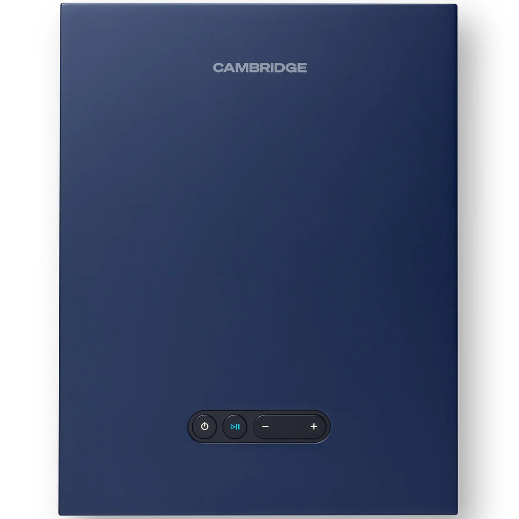 Cambridge Audio L/R X active bookshelf speakers in blue, showcasing sleek design and compact size for high-quality audio.