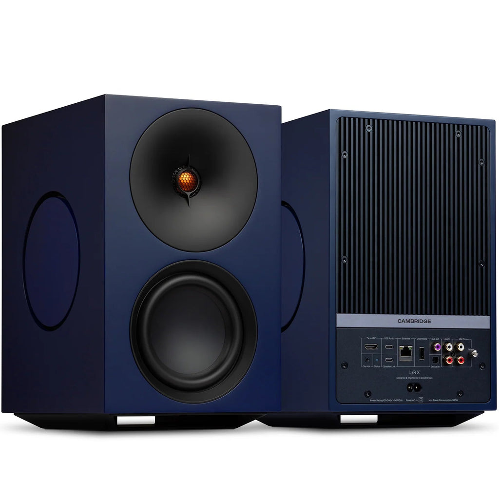 Cambridge Audio L/R X active bookshelf speakers in blue with sleek design and dual speaker drivers for high-quality sound.