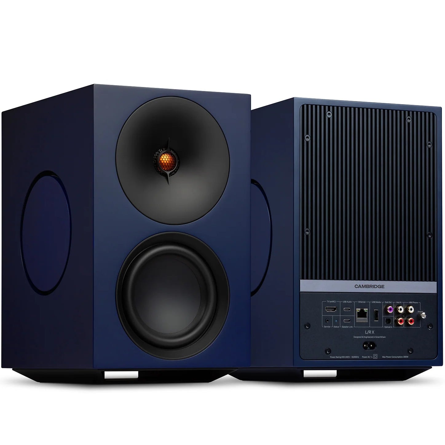 Cambridge Audio L/R X active bookshelf speakers in blue with sleek design and dual speaker drivers for high-quality sound.