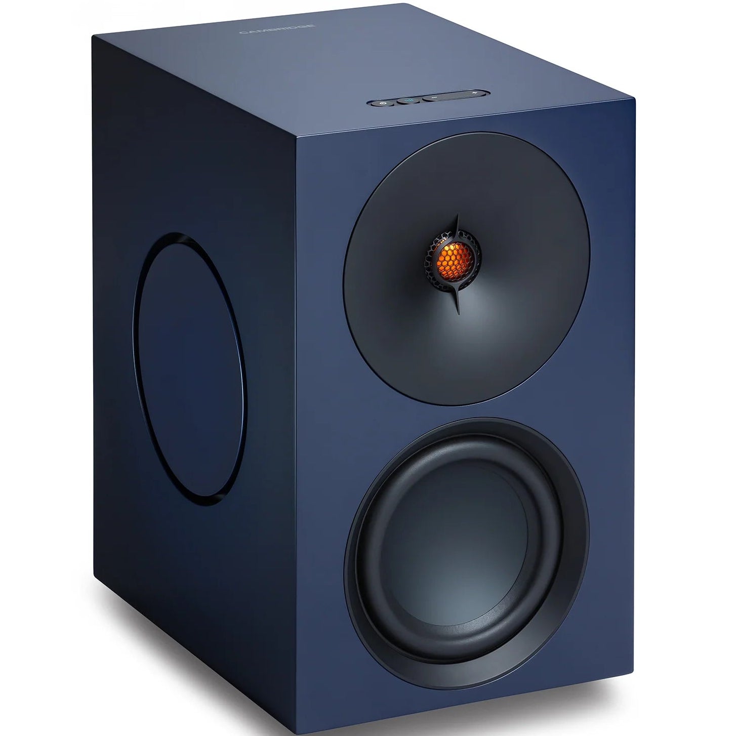 Cambridge Audio L/R X active bookshelf speakers in blue, showing the front view with speaker grilles and branding.
