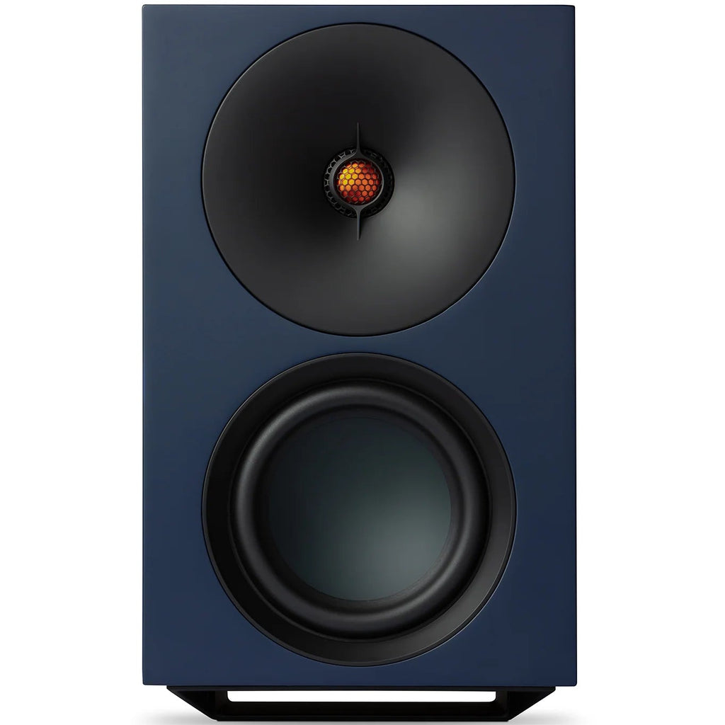 Cambridge Audio L/R X active bookshelf speakers in blue, showcasing their sleek design and compact size for high-quality audio.