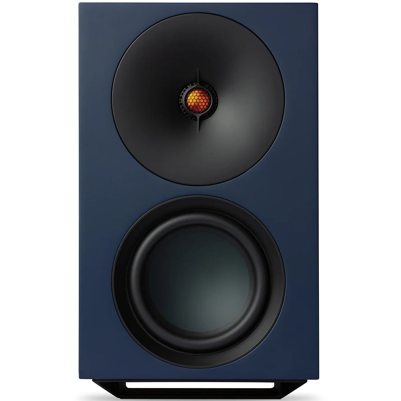 Cambridge Audio L/R X active bookshelf speakers in blue, showcasing their sleek design and compact size for high-quality audio.