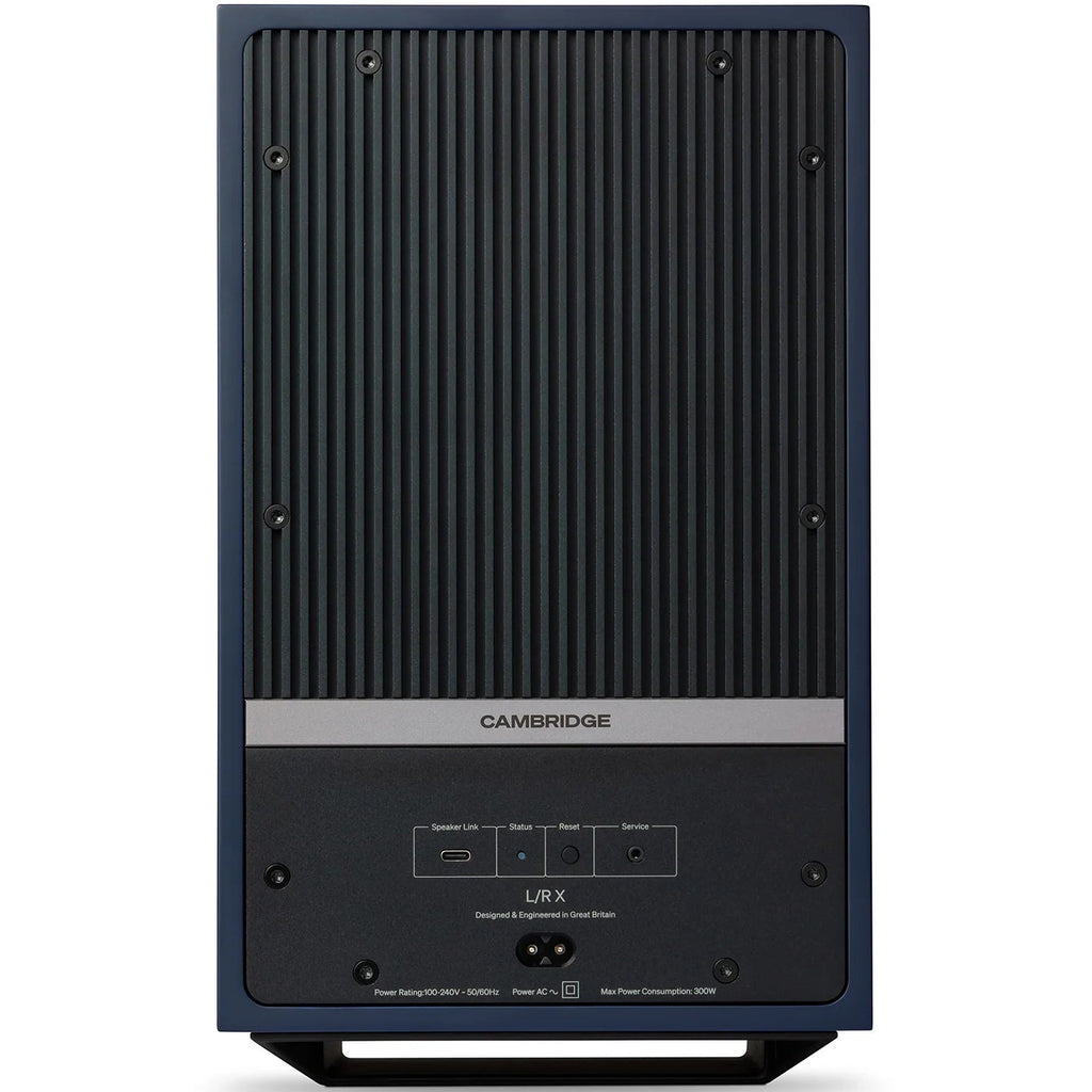 Cambridge Audio L/R X active bookshelf speakers in blue, featuring compact design and speaker grille, perfect for home audio.