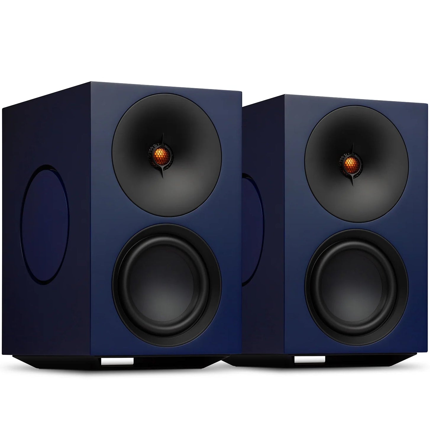 Pair of Cambridge Audio L/R X active bookshelf speakers with blue finish, showcasing their sleek design and compact size.