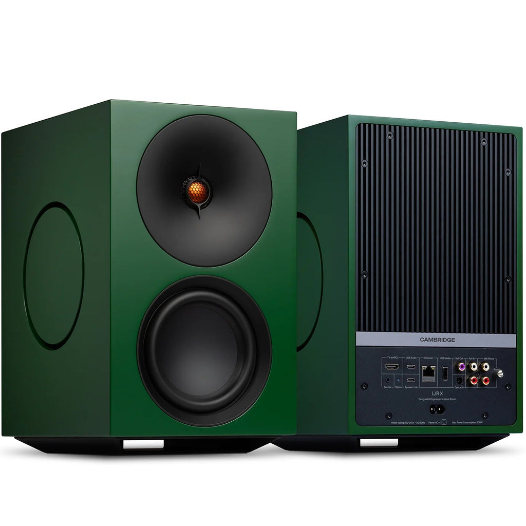 Cambridge Audio L/R X active bookshelf speakers with green finish, showcasing their compact design and front-facing drivers.
