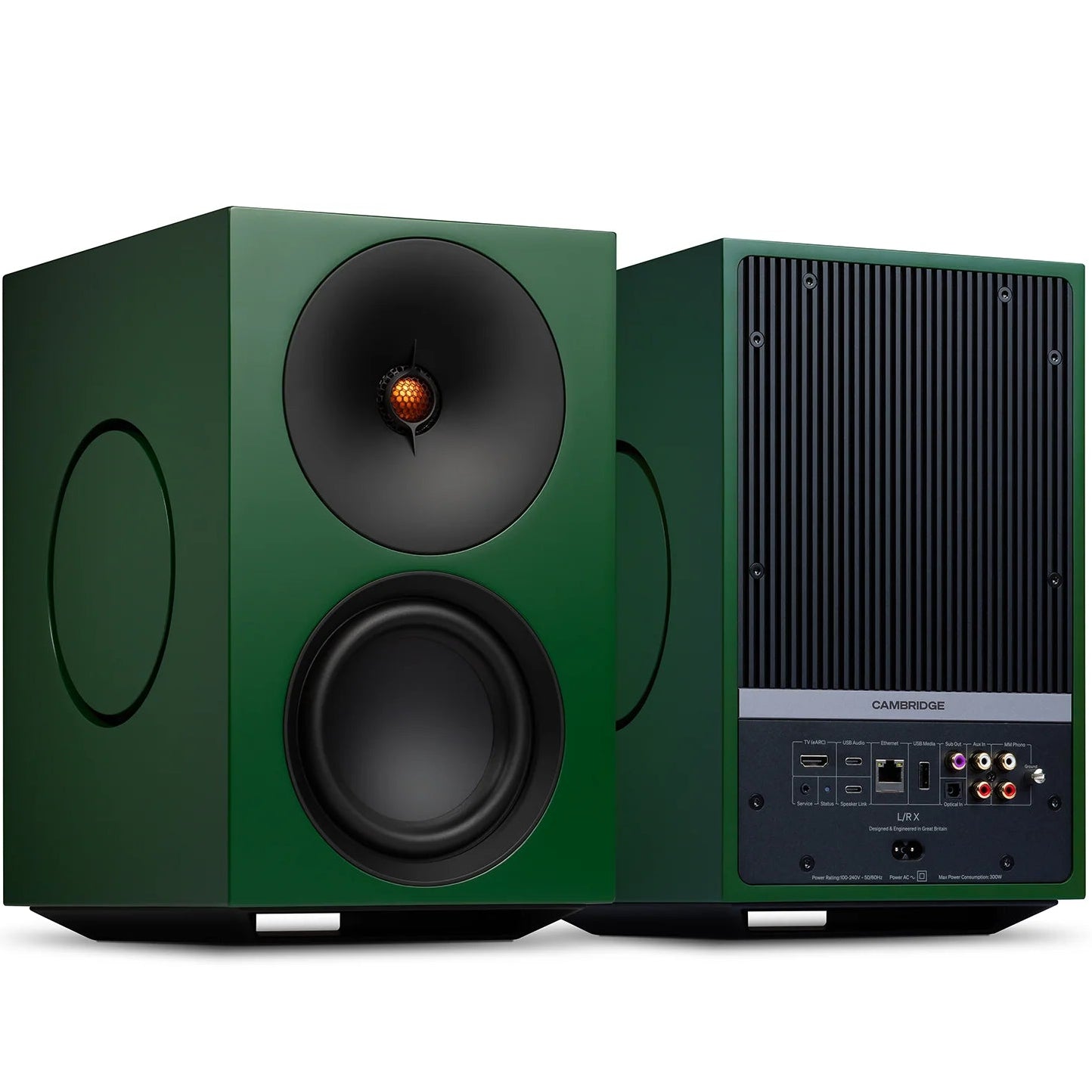 Cambridge Audio L/R X active bookshelf speakers with green finish, showcasing their compact design and front-facing drivers.