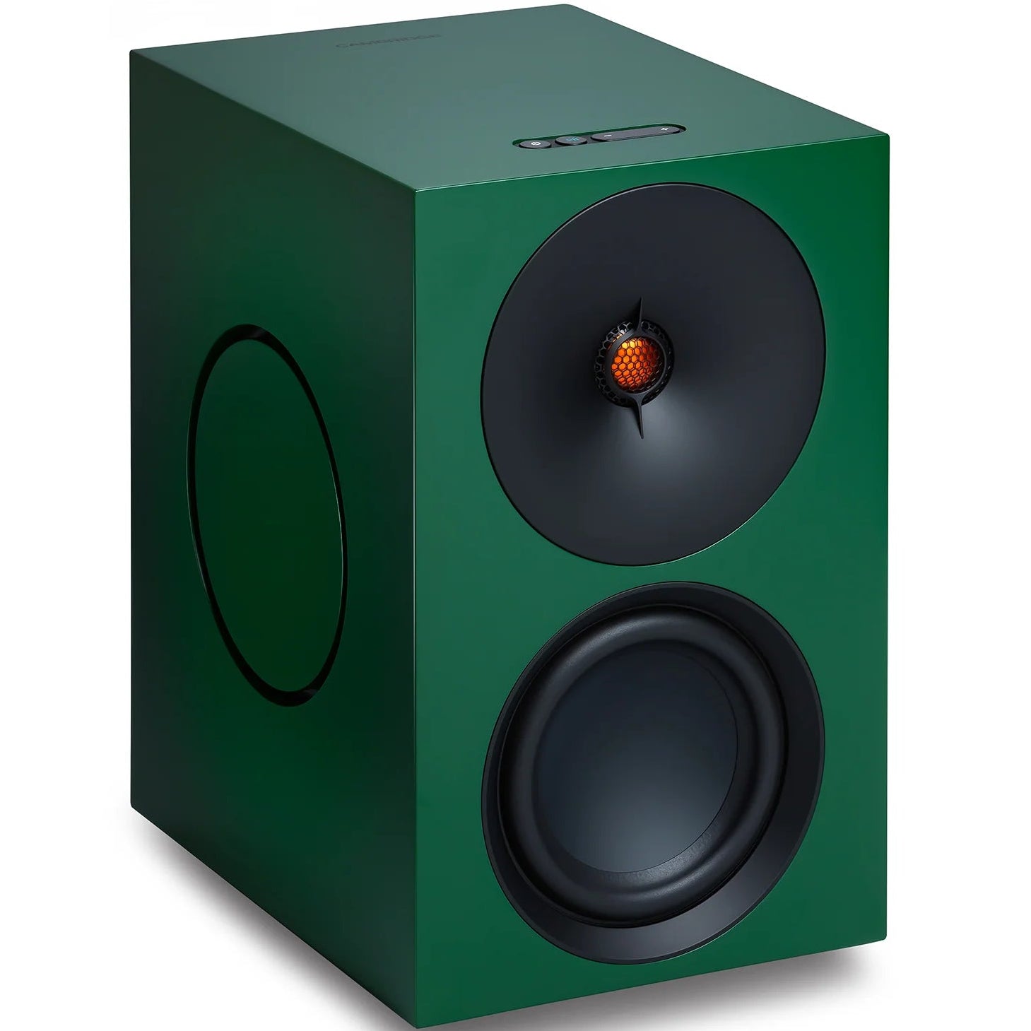 Cambridge Audio L/R X active bookshelf speakers in green with front grille and sleek design, ideal for home audio setup.