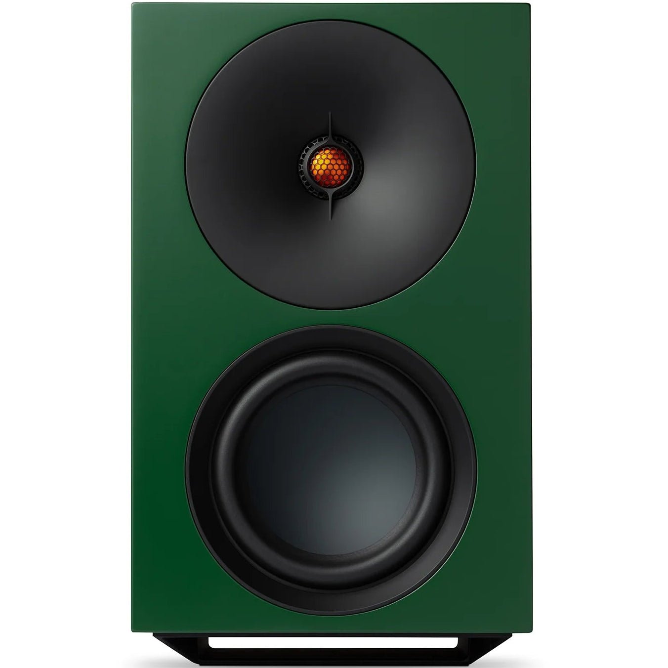 Cambridge Audio L/R X active bookshelf speakers in vibrant green, showing their sleek front with speaker grille and control knobs.