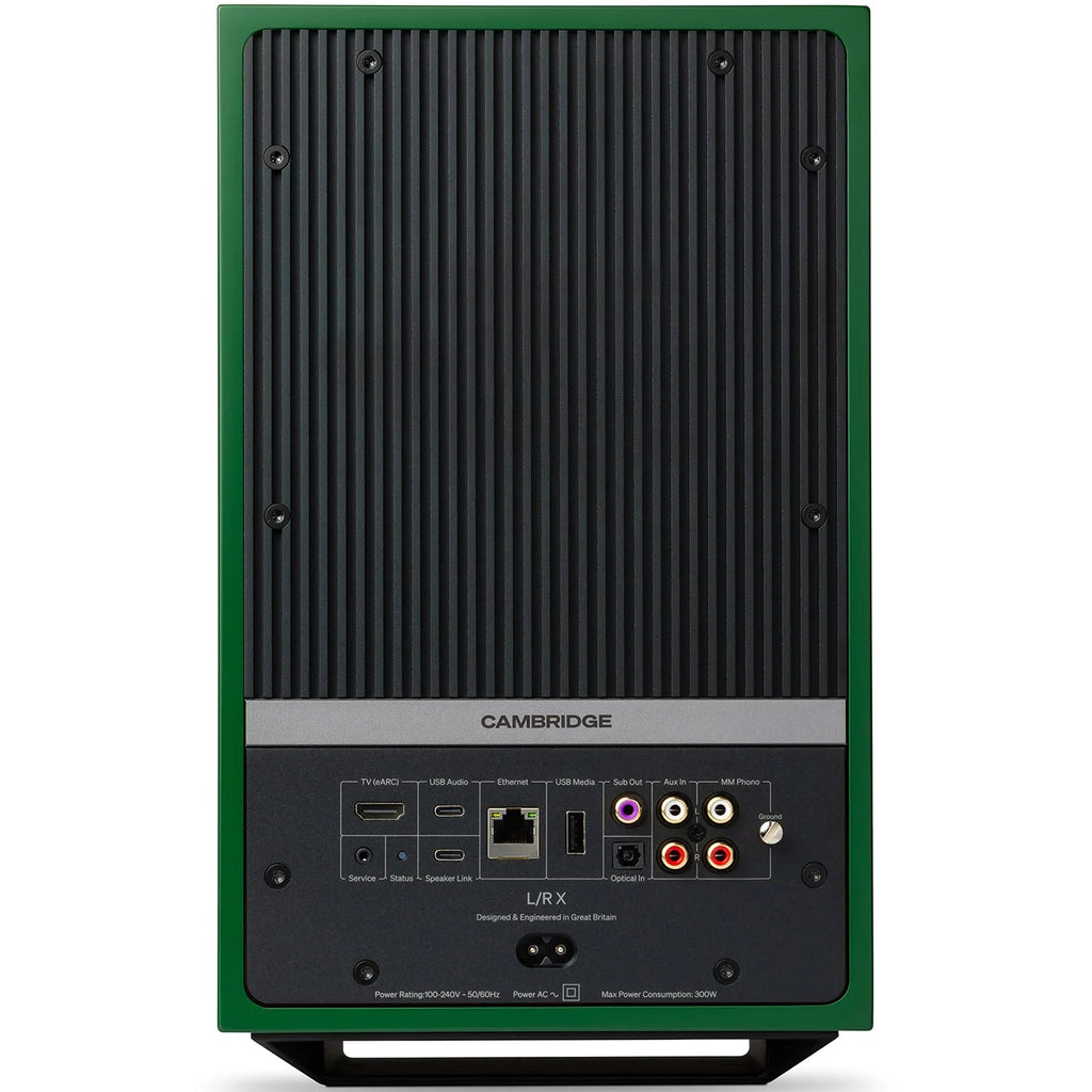 Cambridge Audio L/R X active bookshelf speakers in green, showing front view with speakers and grille for high-quality audio.