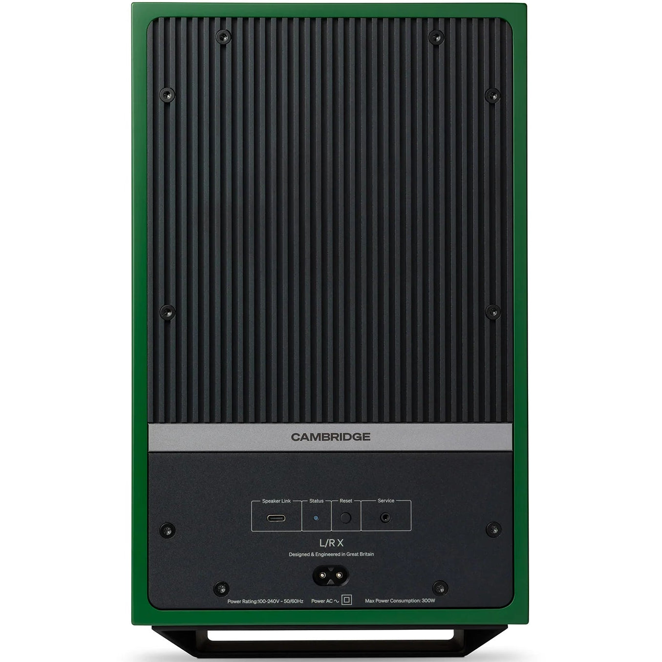 Cambridge Audio L/R X active bookshelf speakers in green, showing sleek rectangular design with speaker grilles and control knobs.