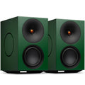 Cambridge Audio L/R X active bookshelf speakers in green with sleek design and front-facing drivers for high-quality sound.