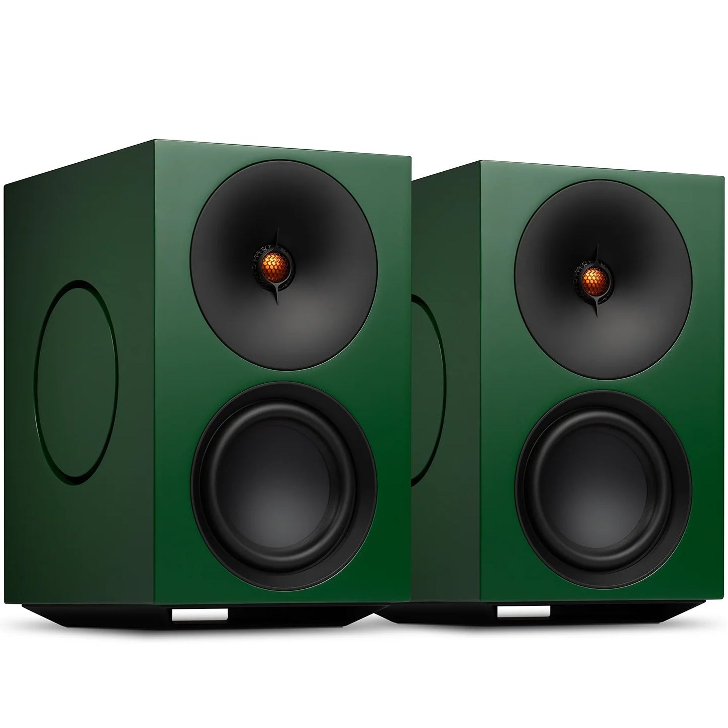 Cambridge Audio L/R X active bookshelf speakers in green with sleek design and front-facing drivers for high-quality sound.