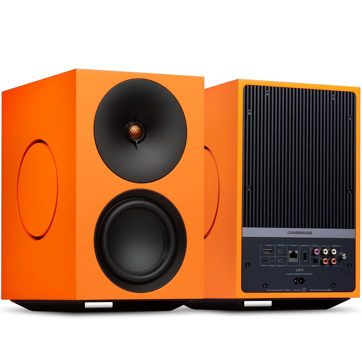 Cambridge Audio L/R X active bookshelf speakers in orange, featuring sleek design and dual speaker drivers for high-quality sound.