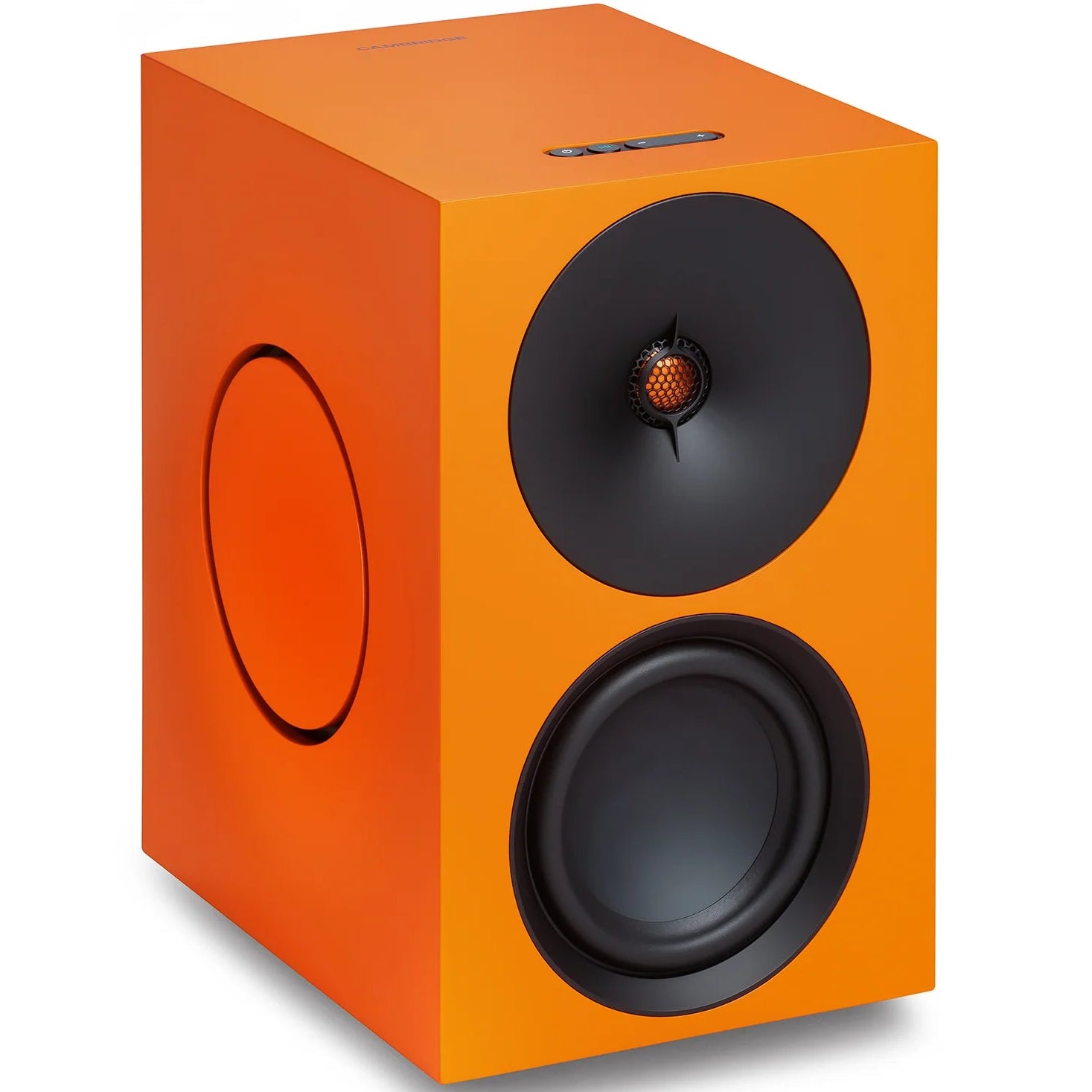 Cambridge Audio L/R X active bookshelf speakers with orange finish, front view showing speaker drivers and sleek design.