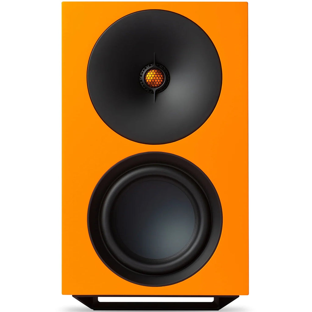 Cambridge Audio L/R X active bookshelf speakers in vibrant orange with speaker grilles and control knobs visible.