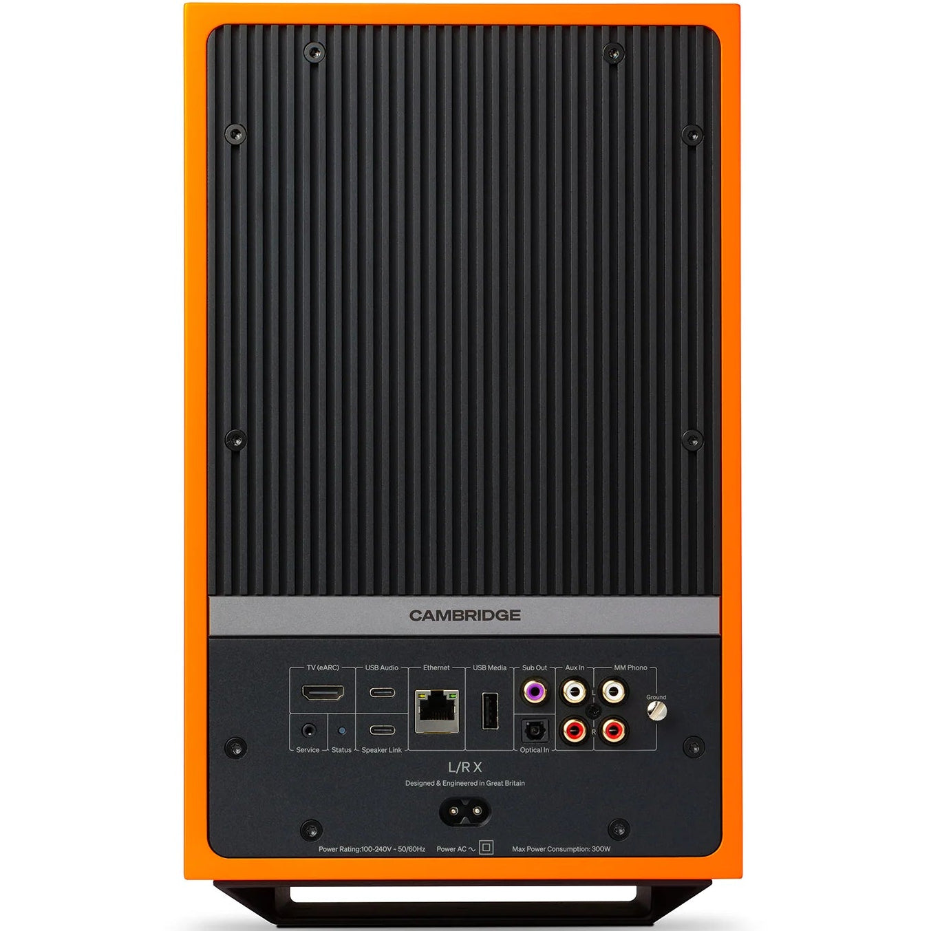 Cambridge Audio L/R X active bookshelf speakers in vibrant orange, featuring sleek design and front-facing drivers.