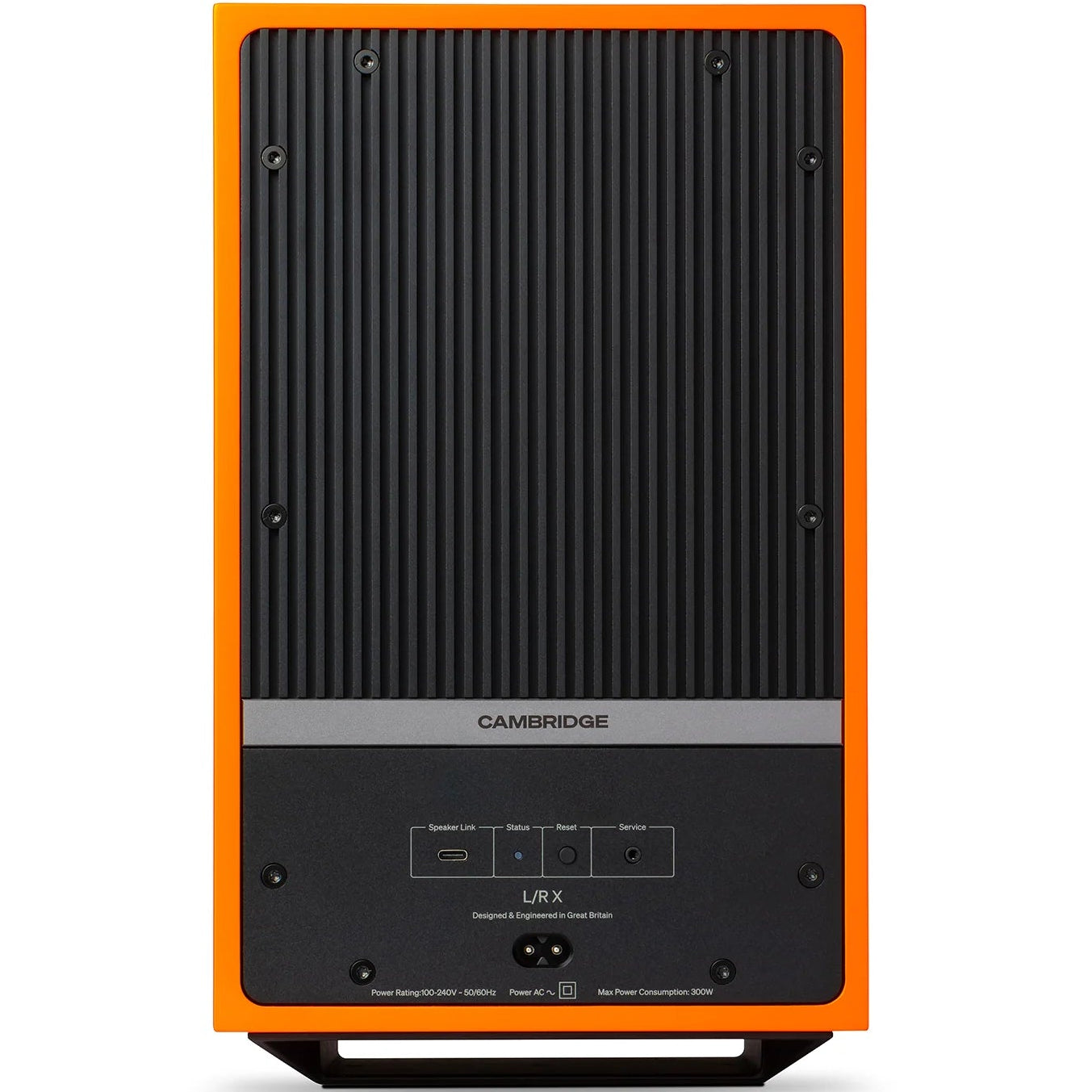 Cambridge Audio L/R X active bookshelf speakers in vibrant orange with black speaker grilles and wood finish accents.