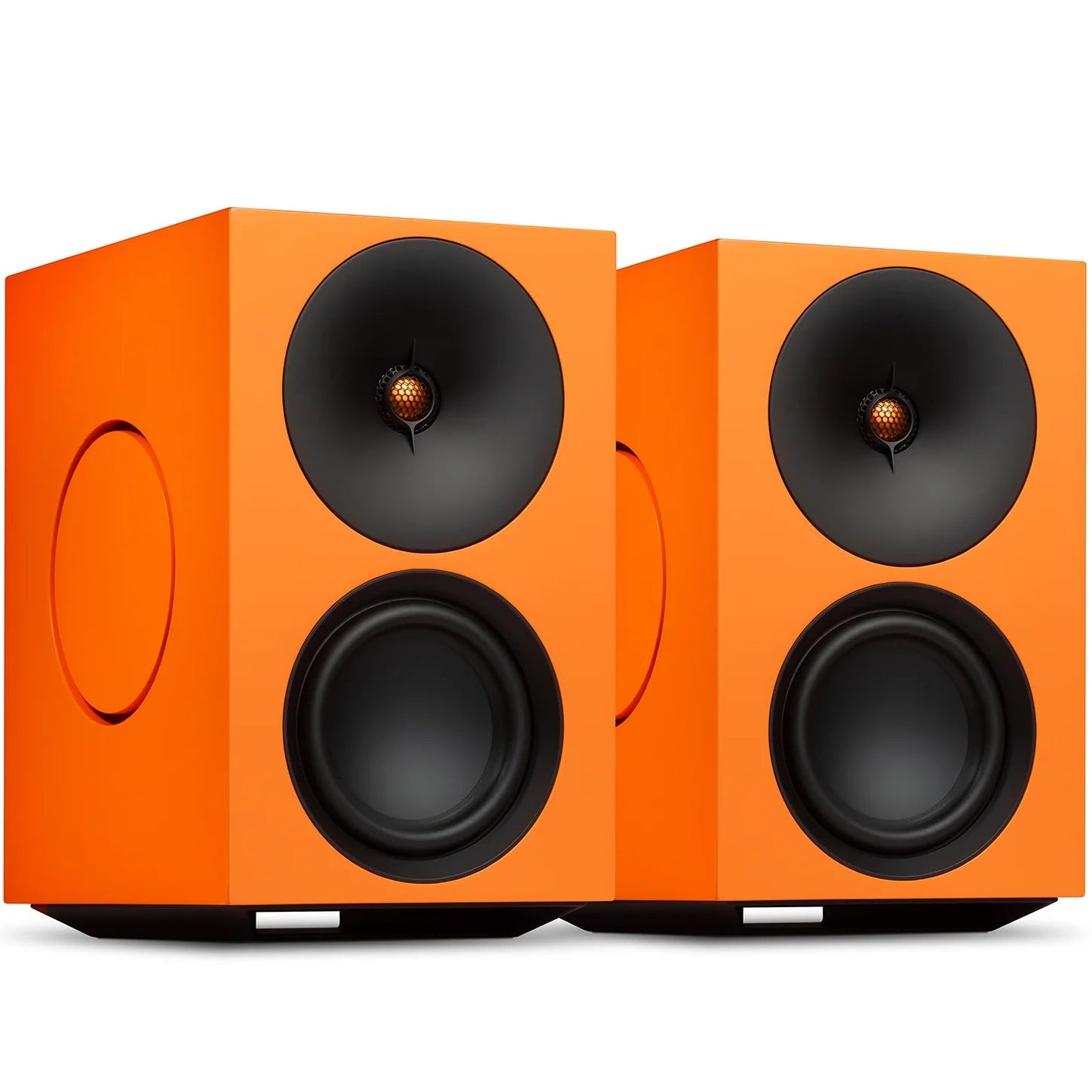 Cambridge Audio L/R X active bookshelf speakers in vibrant orange with sleek design and front-facing speaker grille.