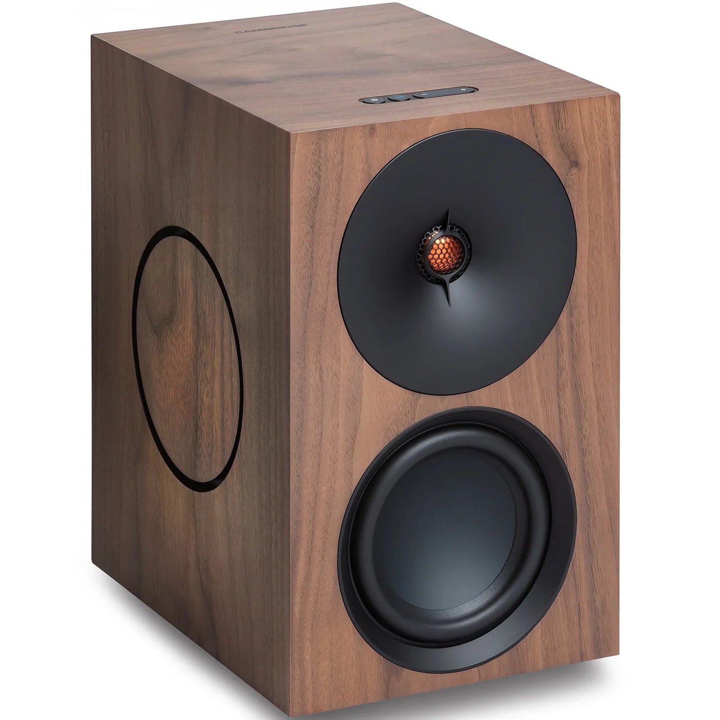 Cambridge Audio L/R X active bookshelf speakers in walnut finish, showing front view with speaker grille removed.